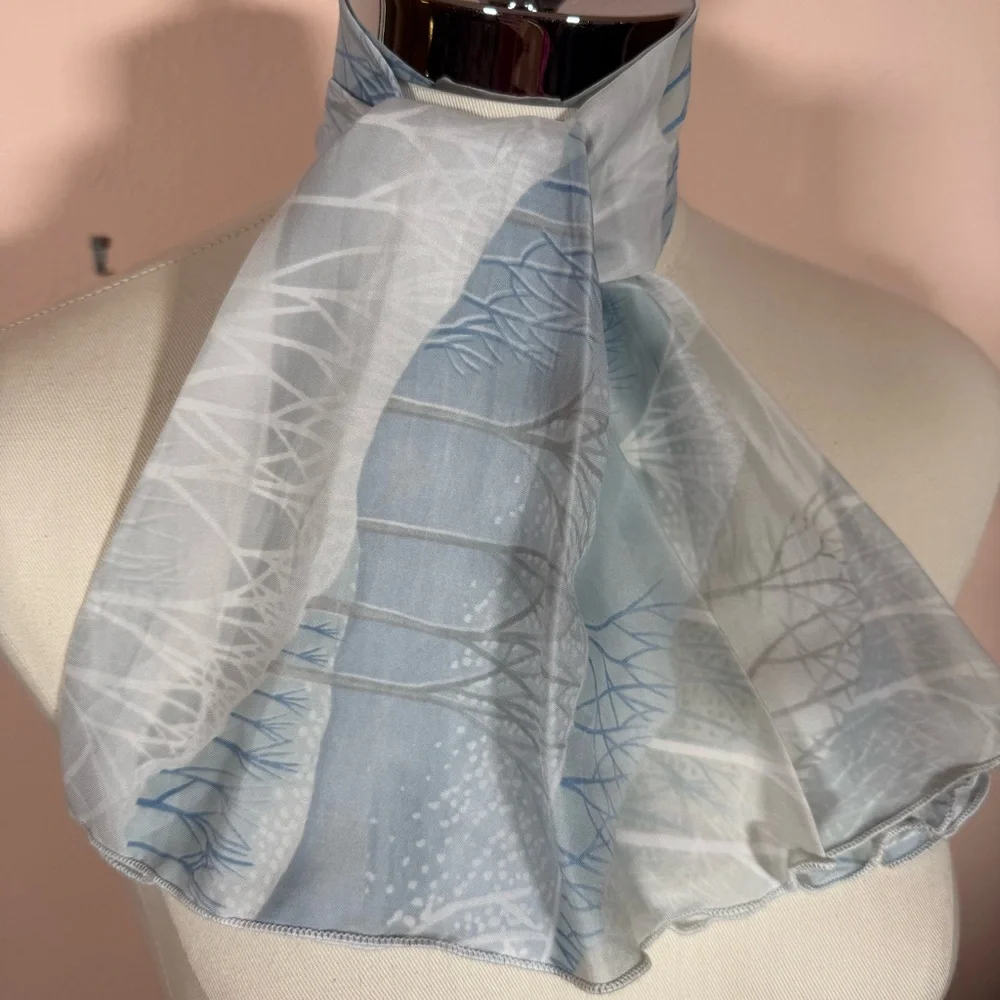 Vintage 1970’s winter tree snow Blue white polka dots Mod cravat Bow neck Scarf